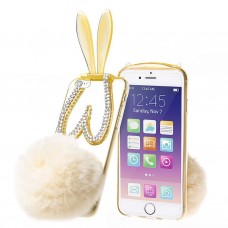 iPhone 6 6s 4.7 - Cute Bling Bling Furry Bunny Rabbit Stand with Lanyard Clear TPU Soft Protective Cover Case - Clear Yellow